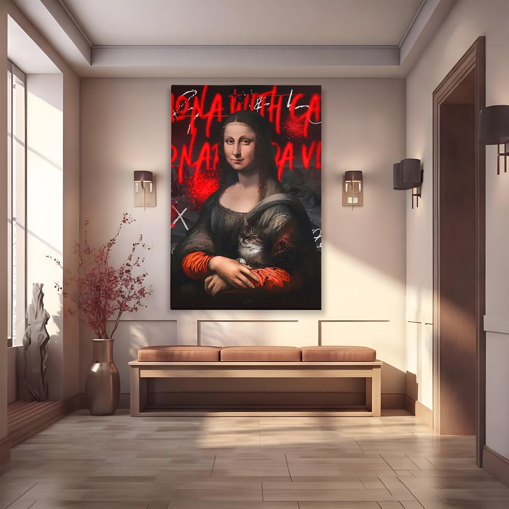 Tablou canvas cu tablou canvas cu mona lisa si o pisica, fara rama, pe sasiu de lemn